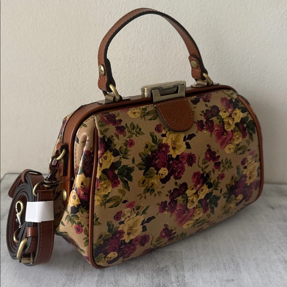 Patricia Nash Gracchi Antique Rose Tan Framed Leather Satchel Xbody Floral